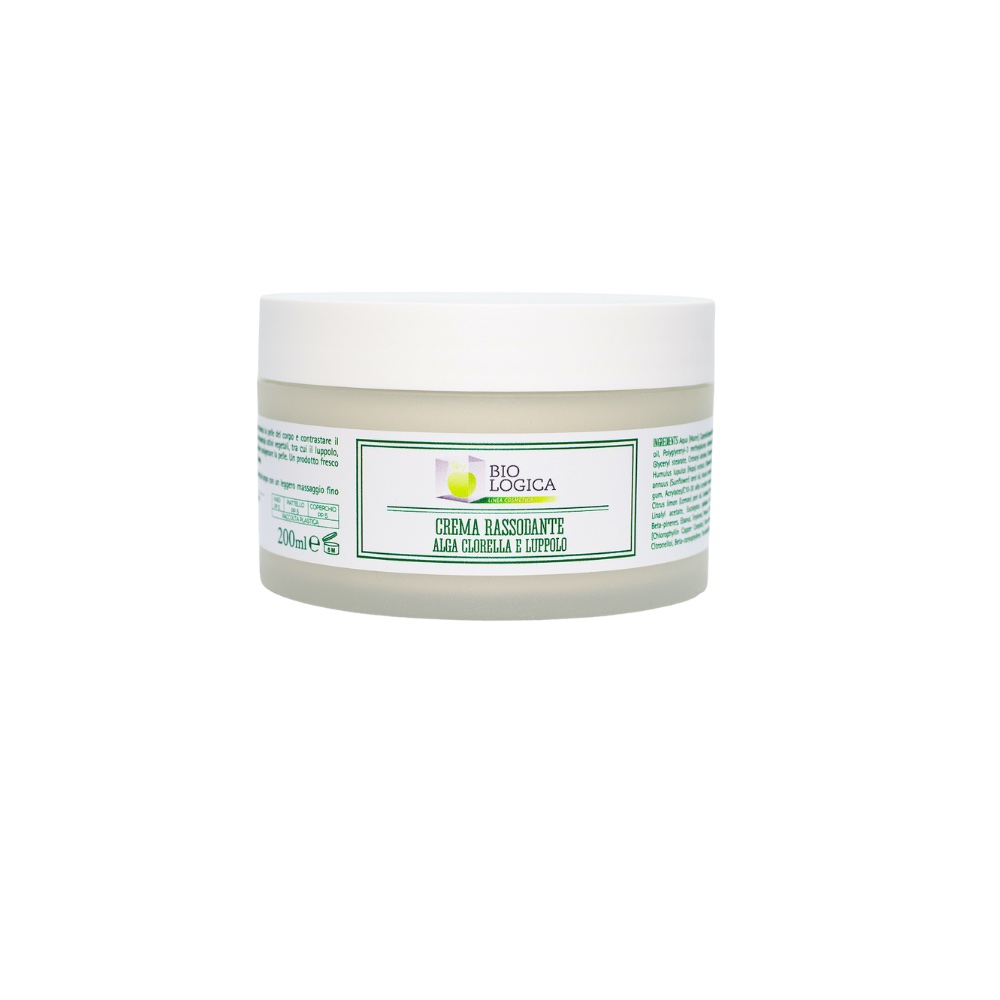 Vasetto di crema rassodante per il corpo a base di alga clorella e luppolo