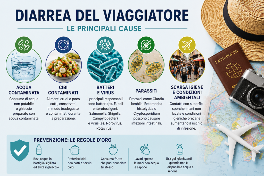 cause della diarrea del viaggiatore infografica
